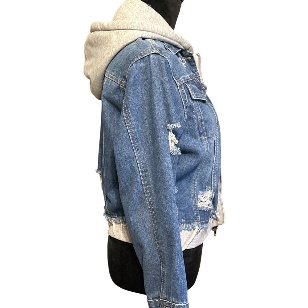 Distressed Denim Jacket With Gray Hoodie Layer By Thrill Jeans Medium Size Casua - Picture 5 of 5